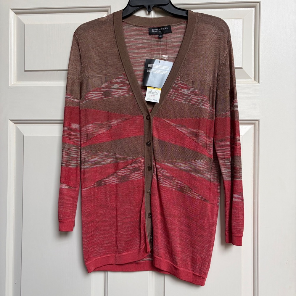 Jones New York Collection Womens Brown Coral Space Dye Linen Blend Cardigan M